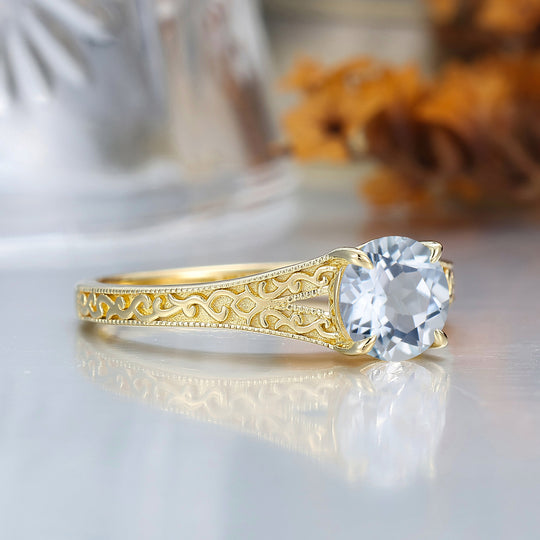 Vintage Round  Solitaire Yellow Gold Moissanite Engagement Ring Filigree Ring