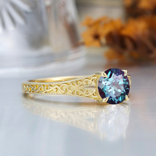 14K Vintage Round Cut Solitaire Yellow Gold Alexandrite Engagement Ring Filigree Ring