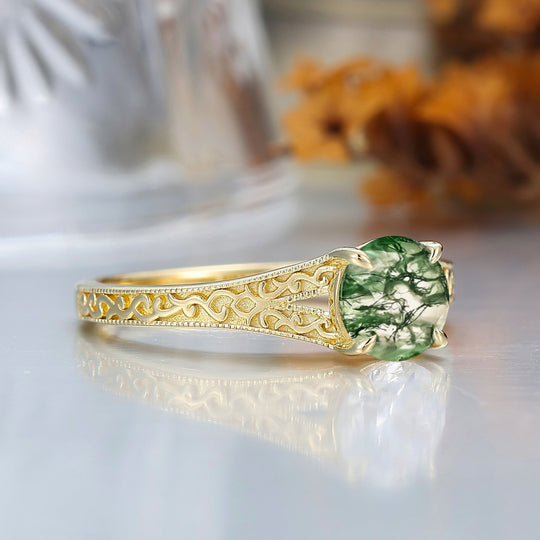 14K Vintage  Round  Solitaire Yellow Gold Moss Agate Engagement Ring Filigree Ring Women Ring