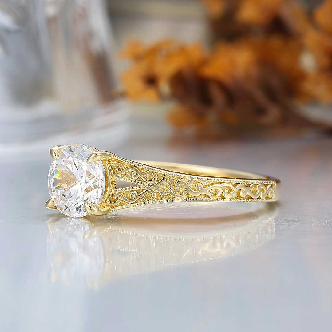 14K Vintage runder Solitär Verlobungsring aus Gelbgold mit Moissanit, filigraner Ring