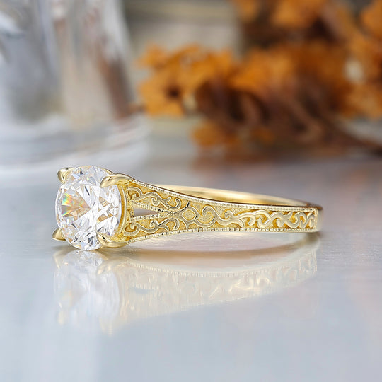 14K Vintage runder Solitär Verlobungsring aus Gelbgold mit Moissanit, filigraner Ring