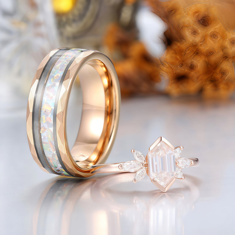 Minimalist Long Hexagon Moissanite Matching Rings Tungsten and Sterling Silver Couple Rings