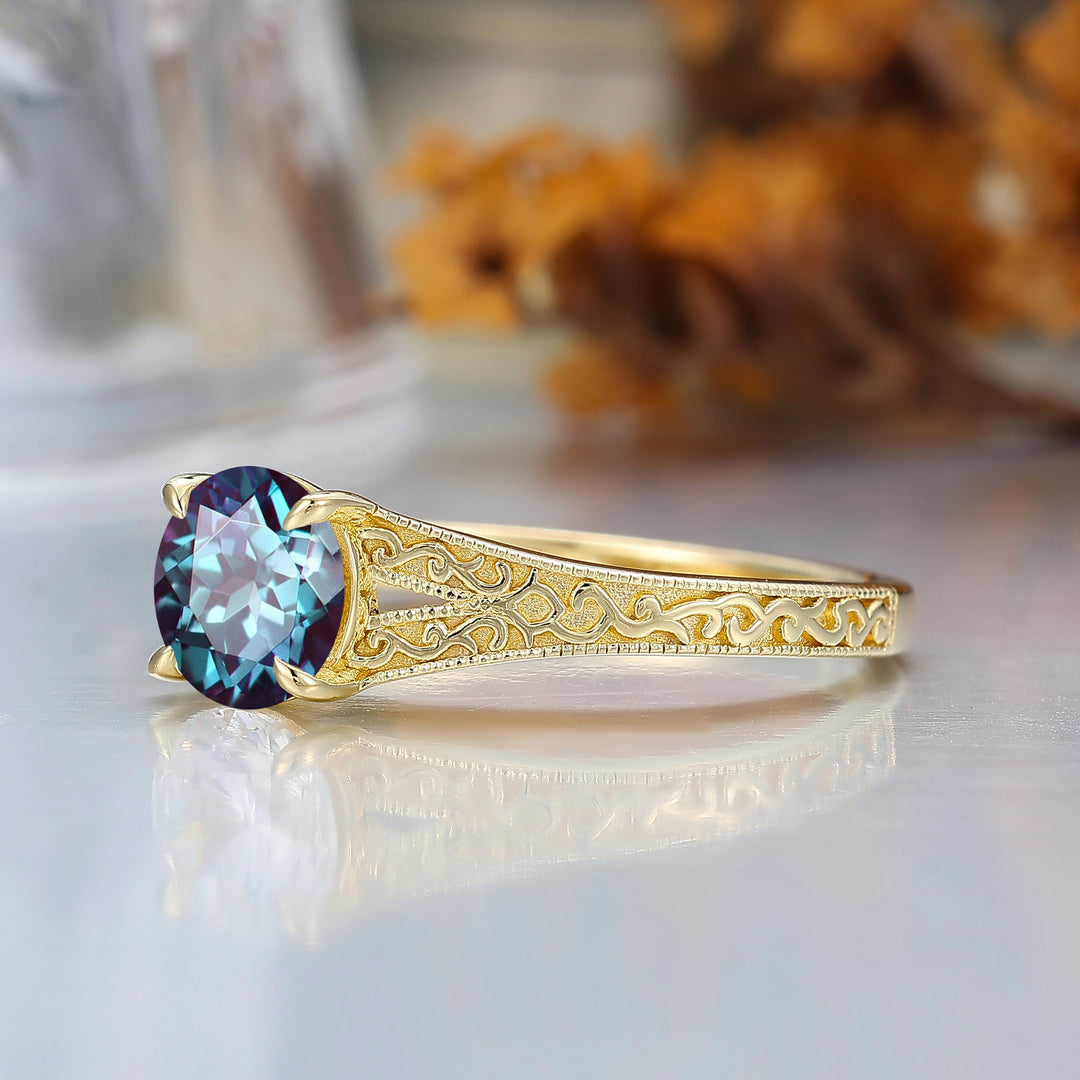 14K Vintage Round Cut Solitaire Yellow Gold Alexandrite Engagement Ring Filigree Ring
