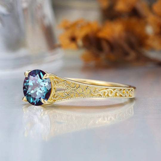 14K Vintage Round Cut Solitaire Yellow Gold Alexandrite Engagement Ring Filigree Ring