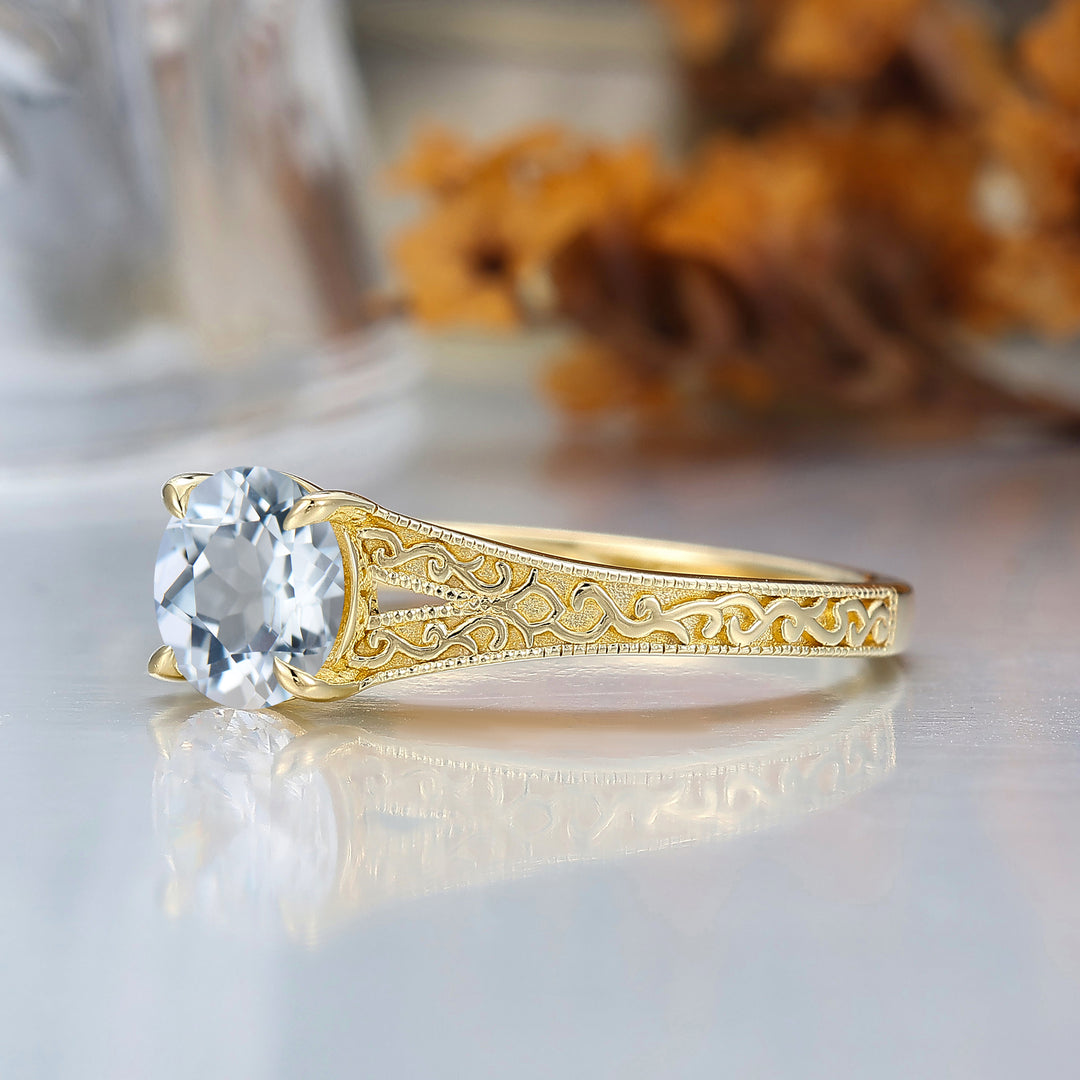 Vintage Round  Solitaire Yellow Gold Moissanite Engagement Ring Filigree Ring