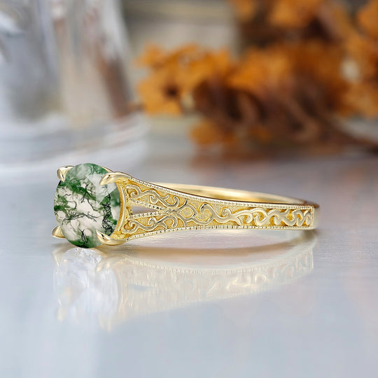 14K Vintage  Round  Solitaire Yellow Gold Moss Agate Engagement Ring Filigree Ring Women Ring