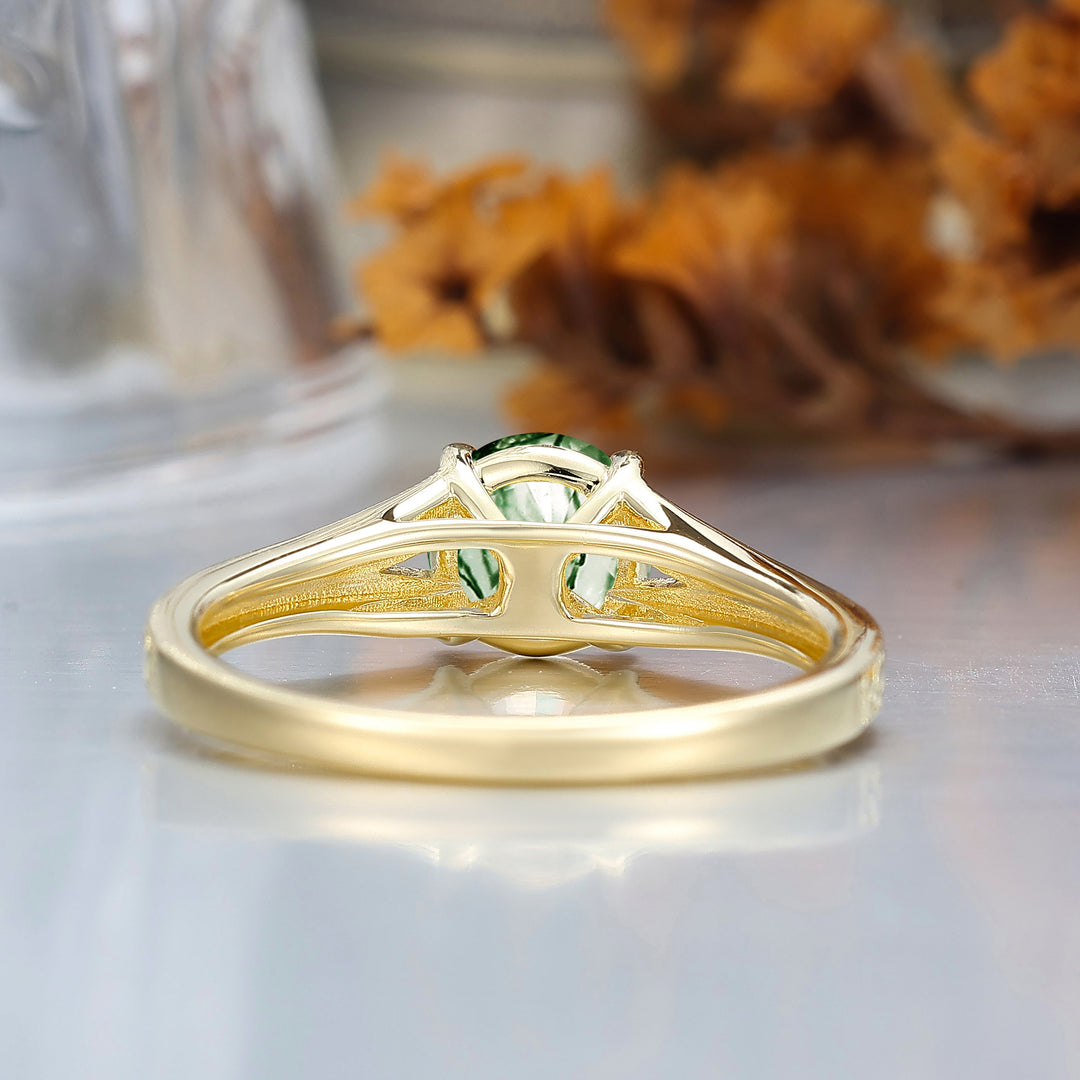 14K Vintage  Round  Solitaire Yellow Gold Moss Agate Engagement Ring Filigree Ring Women Ring