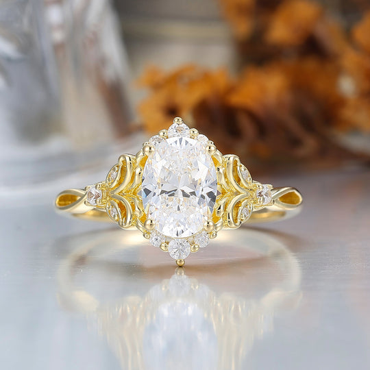 Art Deco Cluster Oval Cut Moissanite Engagement Ring 14K Gold Hollow Carved Bridal Ring