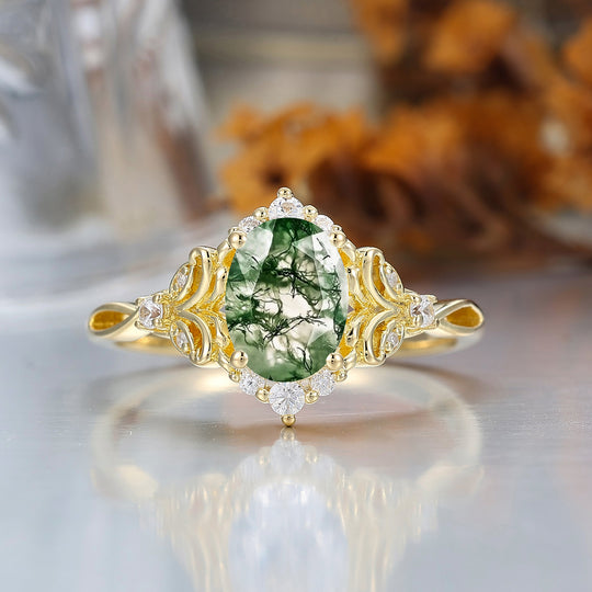 Elegant Oval Cut Moss Agate Wedding Ring 14K Yellow Gold Cluster Leaf Design Bridal Ring