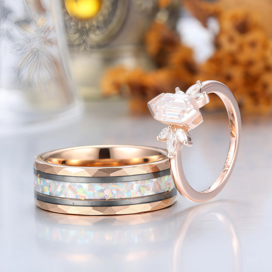 Minimalist Long Hexagon Moissanite Matching Rings Tungsten and Sterling Silver Couple Rings