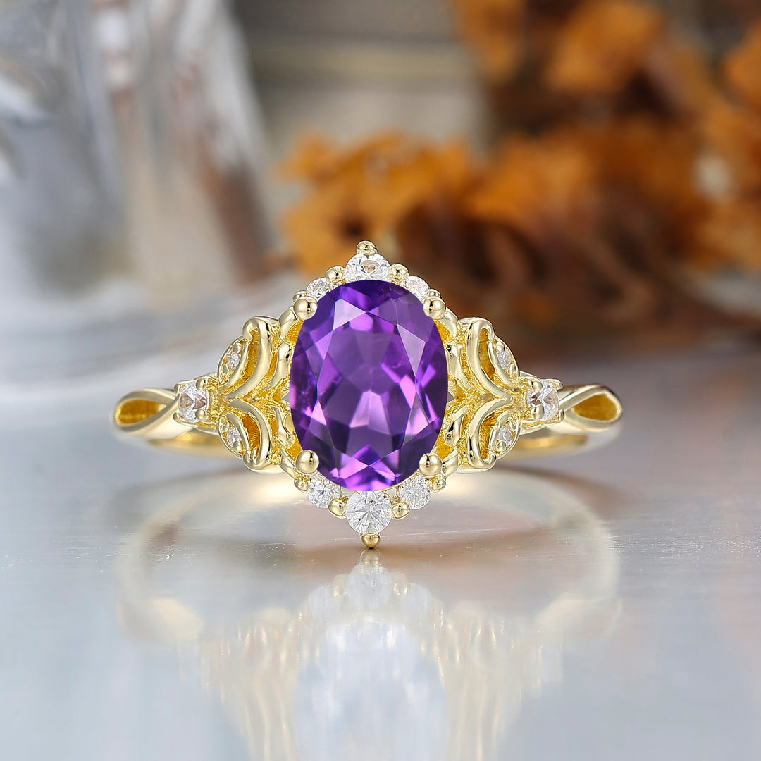 Art Deco 1.5CT Oval Cut Amethyst Wedding Ring Floral Style Engagement Ring