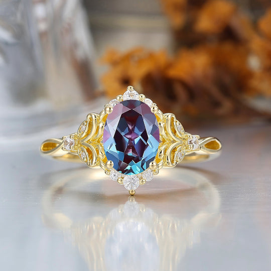 Art Deco Cluster Oval Cut Alexandrite Engagement Ring 14K Gold Hollow Carved Bridal Ring