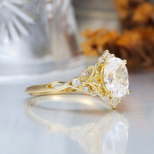 Art Deco Cluster Oval Cut Moissanite Engagement Ring 14K Gold Hollow Carved Bridal Ring