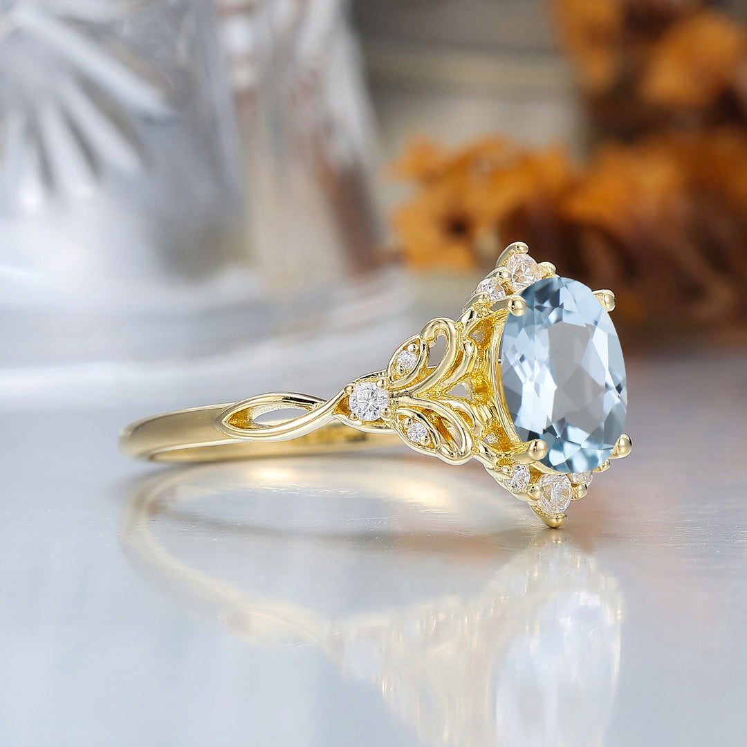 Barocco Anello di Fidanzamento con Foglia a Voluta e Acquamarina Pietre Brillanti di Accento Anello da Donna