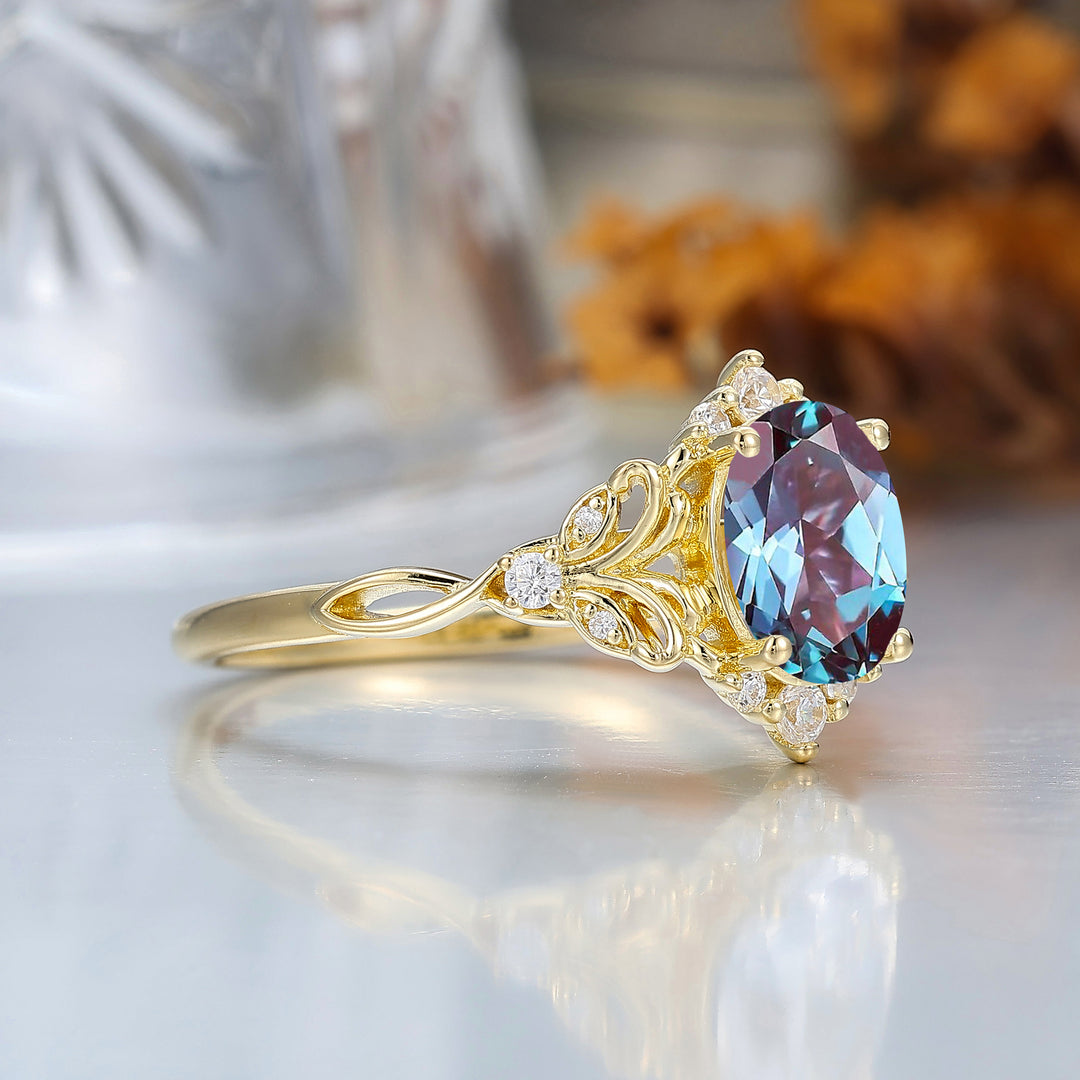 Art Deco Cluster Oval Cut Alexandrite Engagement Ring 14K Gold Hollow Carved Bridal Ring