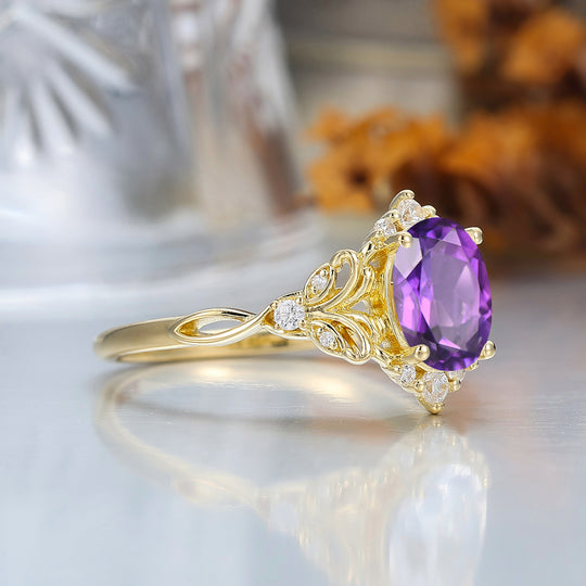 Art Deco 1.5CT Oval Cut Amethyst Wedding Ring Floral Style Engagement Ring