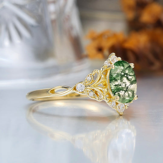Elegant Oval Cut Moss Agate Wedding Ring 14K Yellow Gold Cluster Leaf Design Bridal Ring