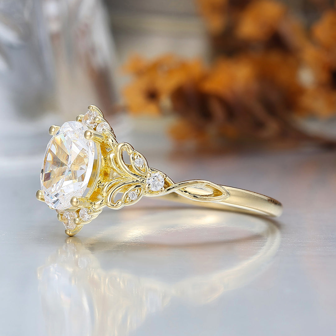 Art Deco Cluster Oval Cut Moissanite Engagement Ring 14K Gold Hollow Carved Bridal Ring