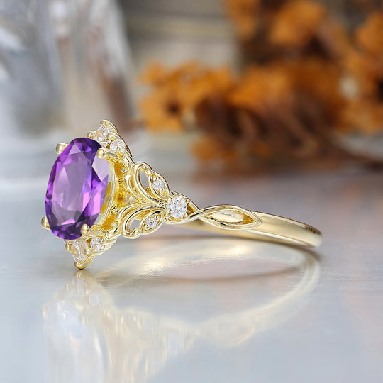 Art Deco 1.5CT Oval Cut Amethyst Wedding Ring Floral Style Engagement Ring