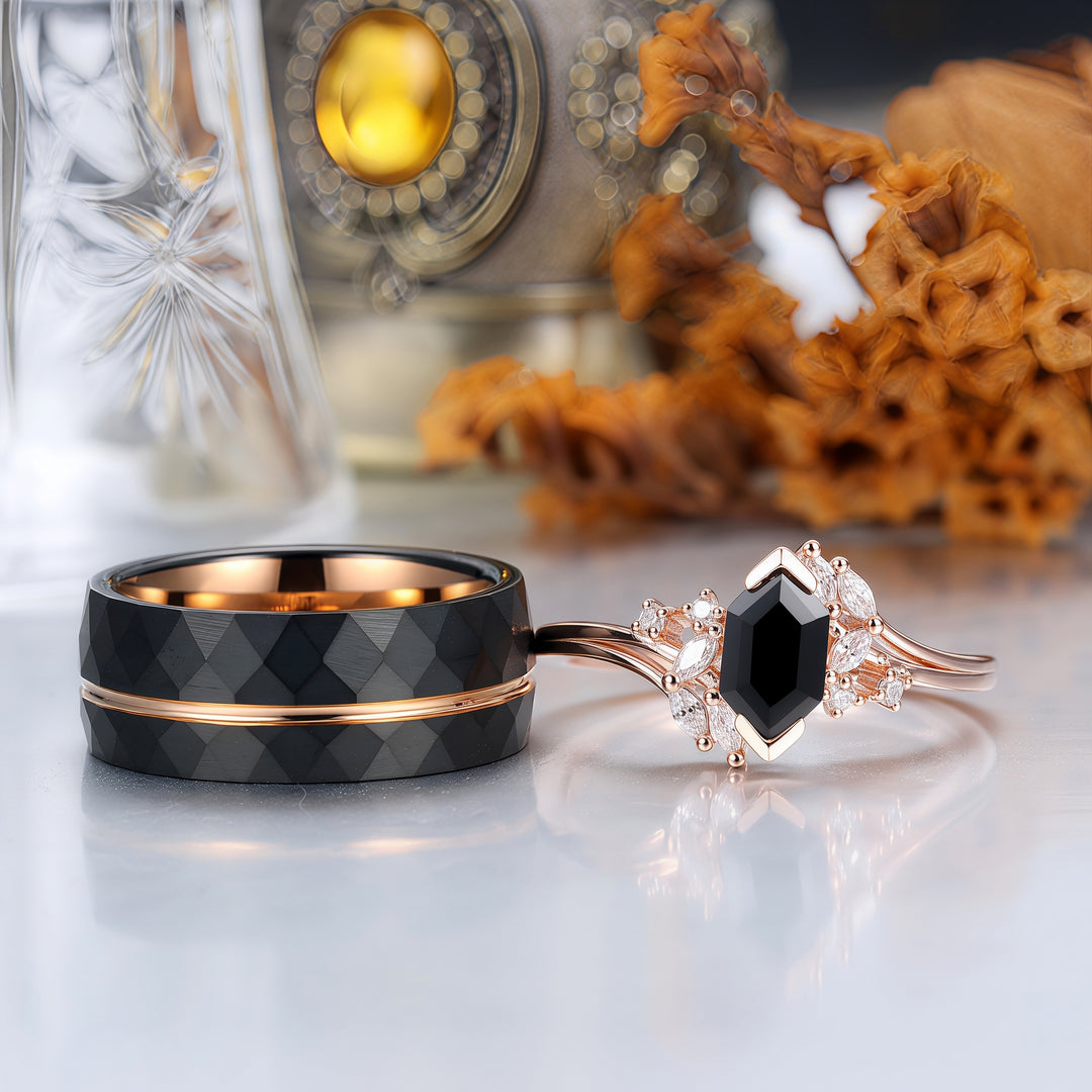 Exquisite Natural Black Onyx Cluster Engagement Couple Rings Matching Stylish Hammered Tungsten His And Hers Wedding Rings -  Esdomera.com