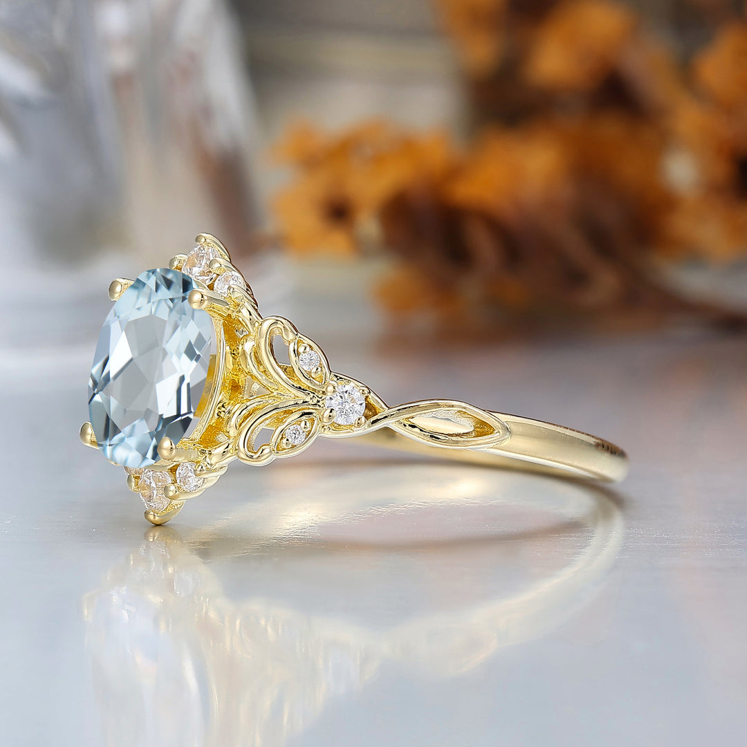 Barocco Anello di Fidanzamento con Foglia a Voluta e Acquamarina Pietre Brillanti di Accento Anello da Donna