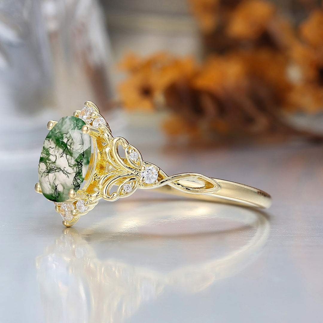 Elegant Oval Cut Moss Agate Wedding Ring 14K Yellow Gold Cluster Leaf Design Bridal Ring