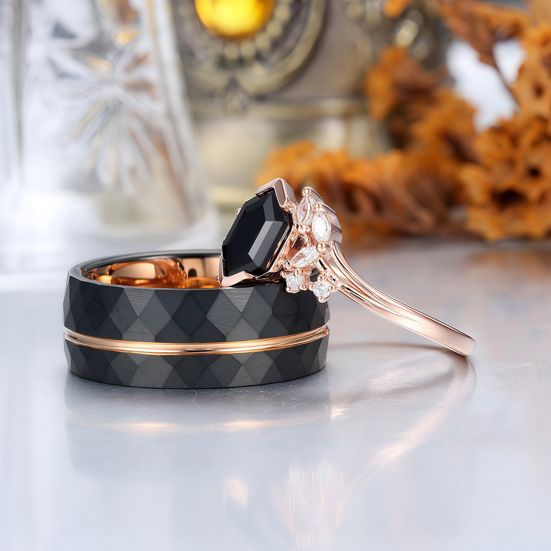 Exquisite Natural Black Onyx Cluster Engagement Couple Rings Matching Stylish Hammered Tungsten His And Hers Wedding Rings -  Esdomera.com