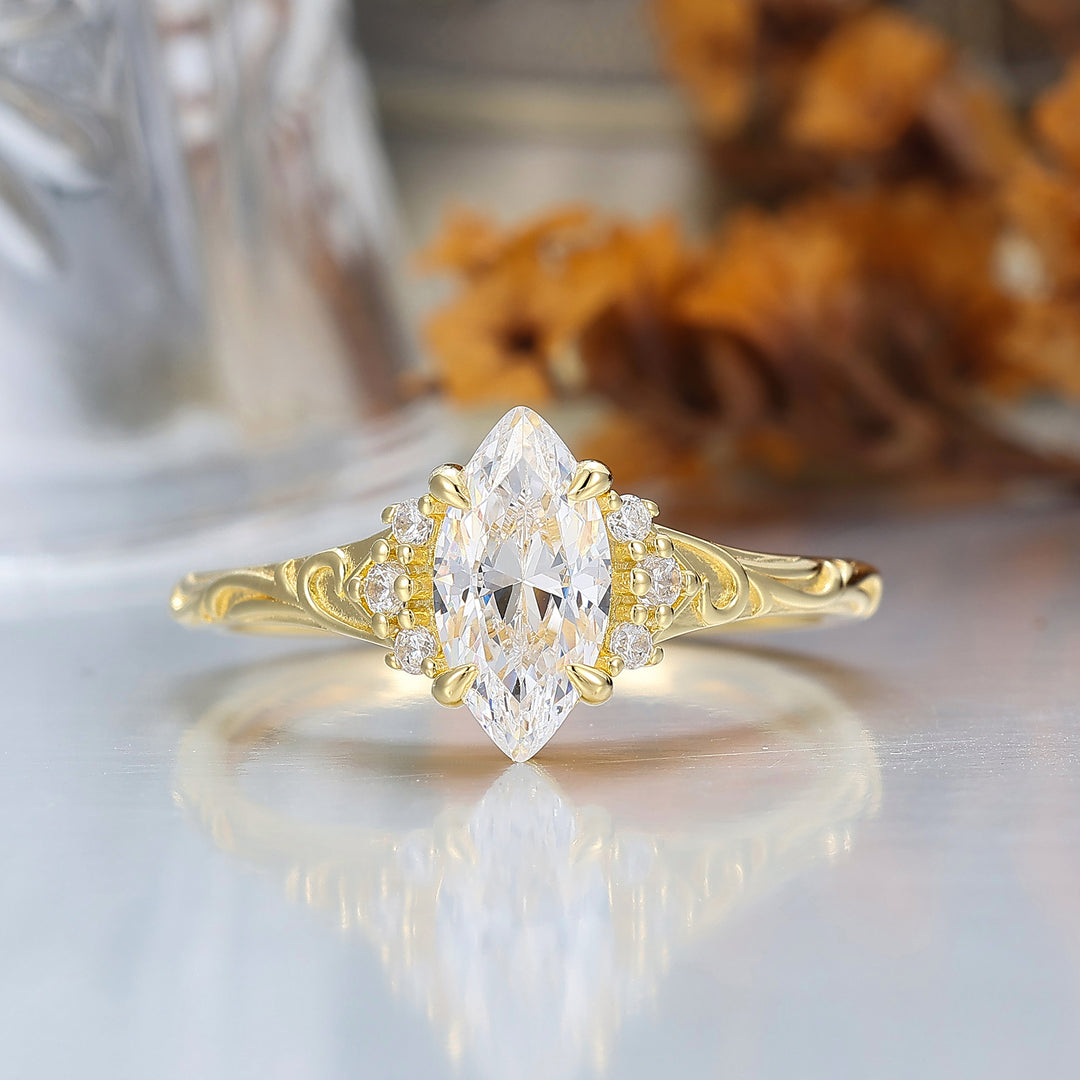Nature-Inspired Vintage 14K Yellow Gold Moissanite Engagement Ring Filigree Wedding Ring