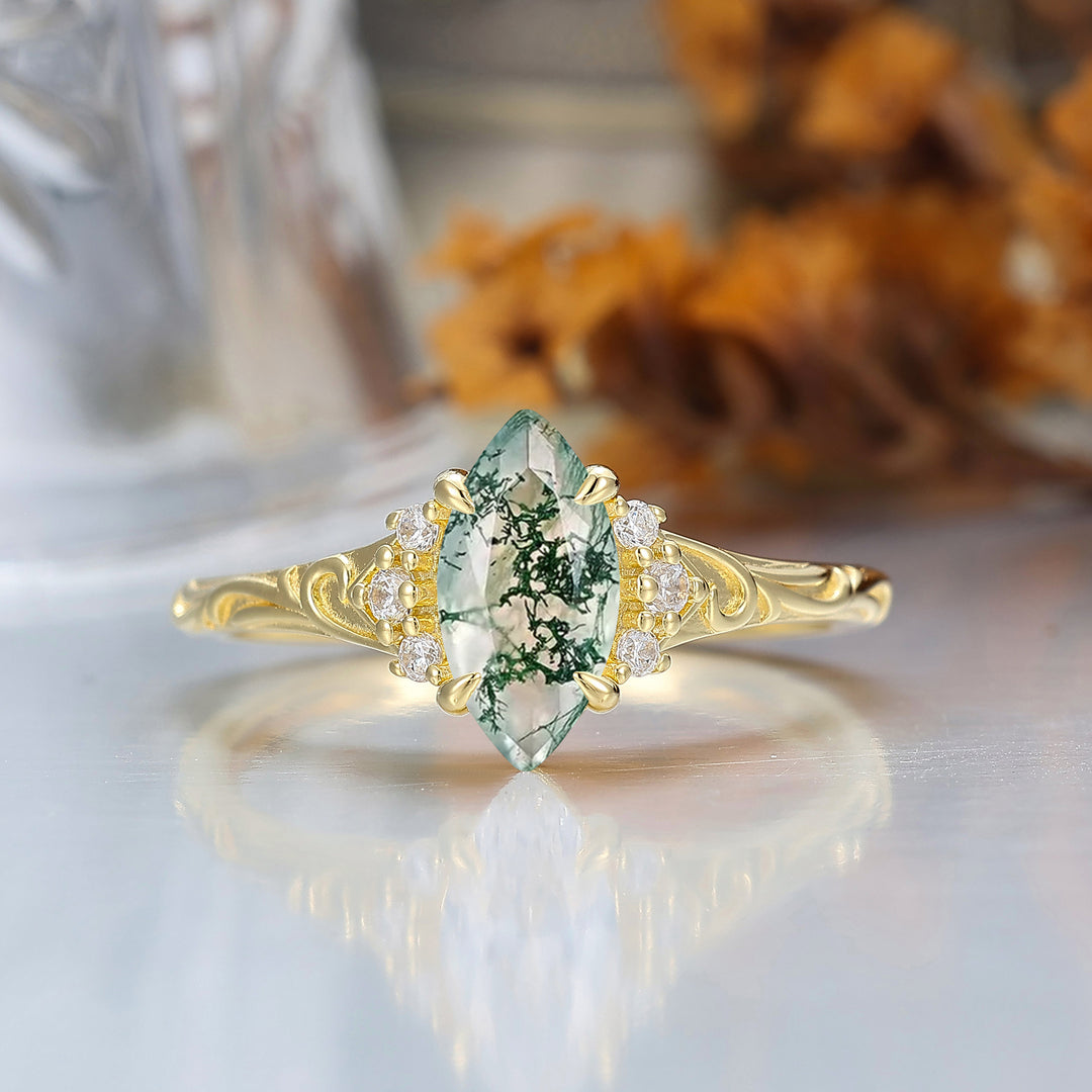 Nature-Inspired Vintage 14K Yellow Gold Natural Moss Agate Engagement Ring Filigree Wedding Ring