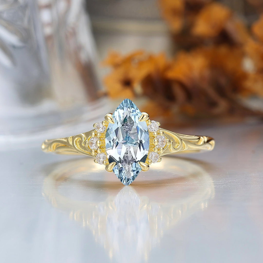 Nature-Inspired Vintage 14K Yellow Gold Aquamarine Engagement Ring Filigree Wedding Ring