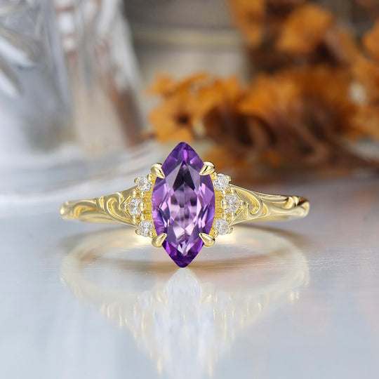 Nature-Inspired Vintage 14K Yellow Gold Natural Amethyst Engagement Ring Filigree Wedding Ring