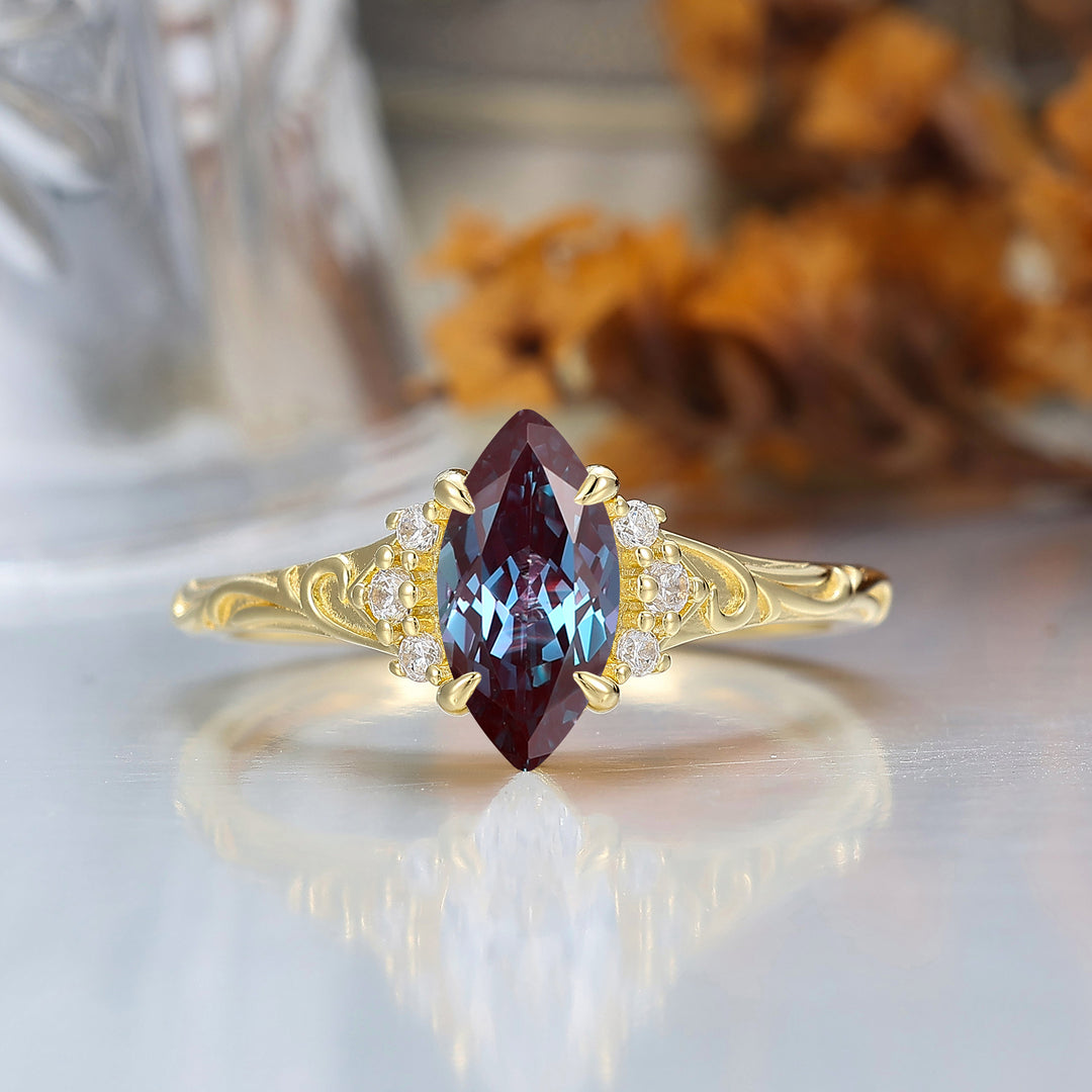 Nature-Inspired Vintage 14K Yellow Gold Alexandrite Engagement Ring Filigree Wedding Ring