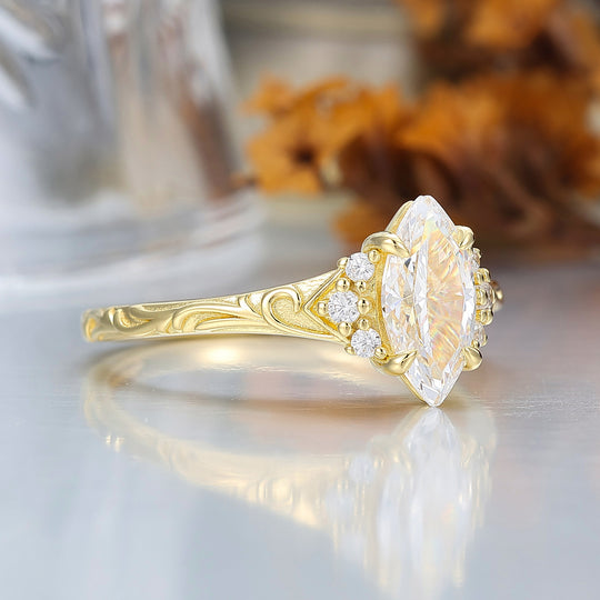 Nature-Inspired Vintage 14K Yellow Gold Moissanite Engagement Ring Filigree Wedding Ring