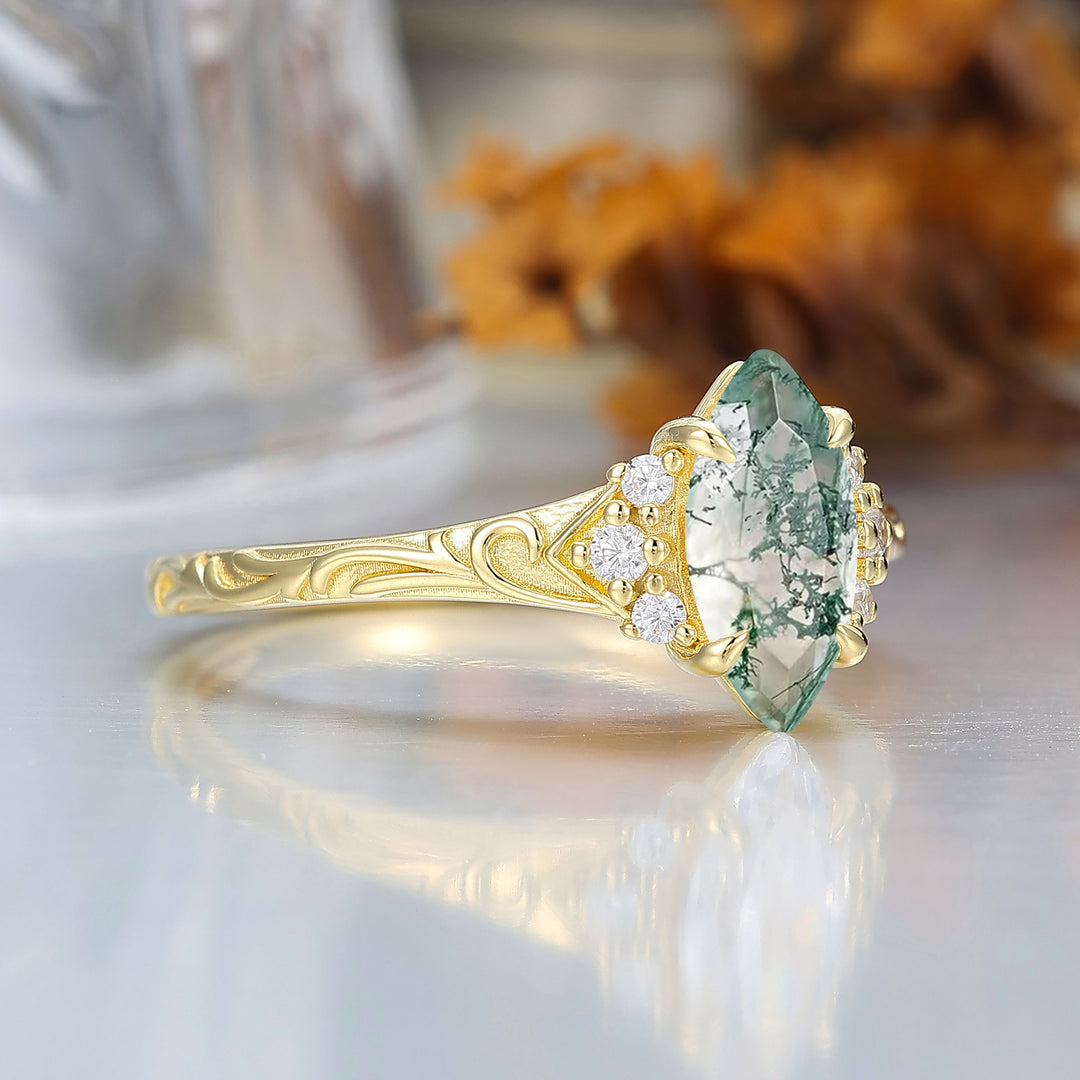 Nature-Inspired Vintage 14K Yellow Gold Natural Moss Agate Engagement Ring Filigree Wedding Ring