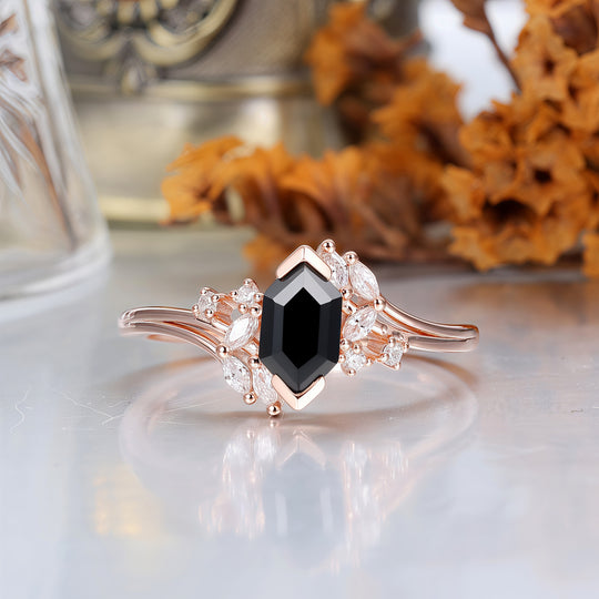 Exquisite Natural Black Onyx Cluster Engagement Couple Rings Matching Stylish Hammered Tungsten His And Hers Wedding Rings -  Esdomera.com