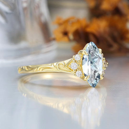 Nature-Inspired Vintage 14K Yellow Gold Aquamarine Engagement Ring Filigree Wedding Ring