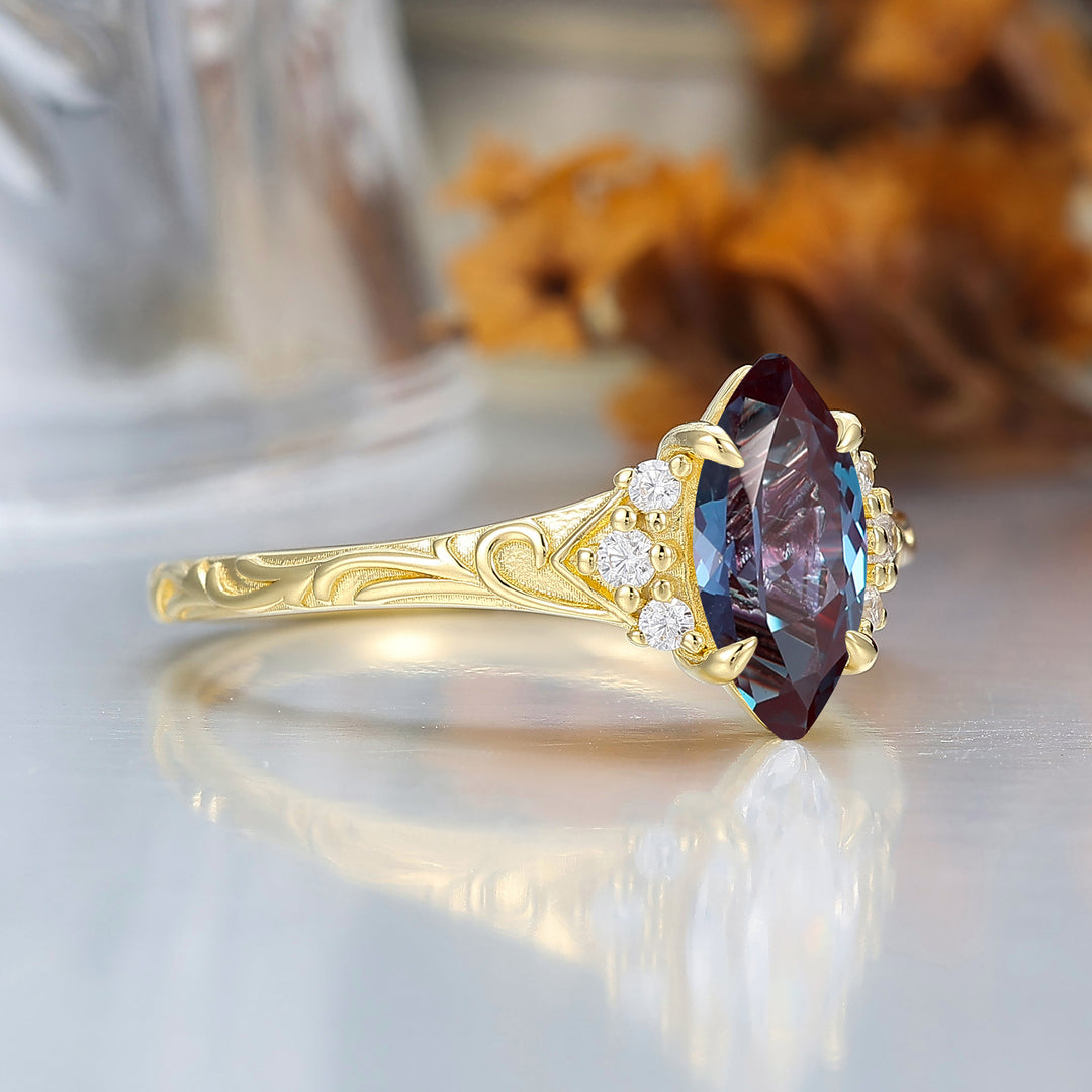 Nature-Inspired Vintage 14K Yellow Gold Alexandrite Engagement Ring Filigree Wedding Ring