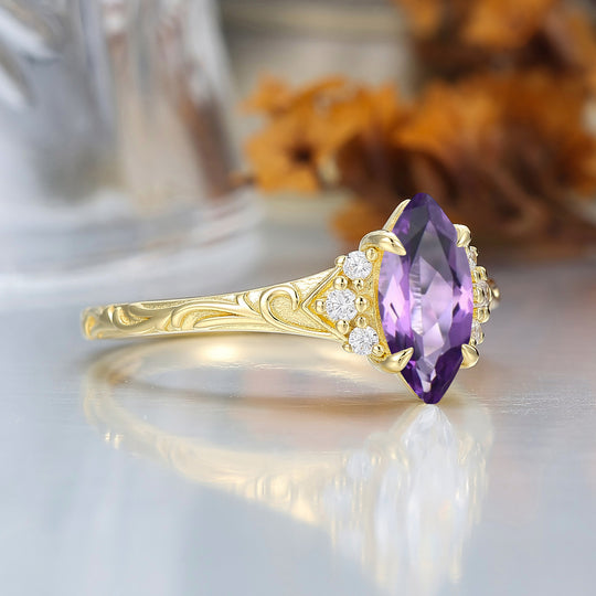 Nature-Inspired Vintage 14K Yellow Gold Natural Amethyst Engagement Ring Filigree Wedding Ring
