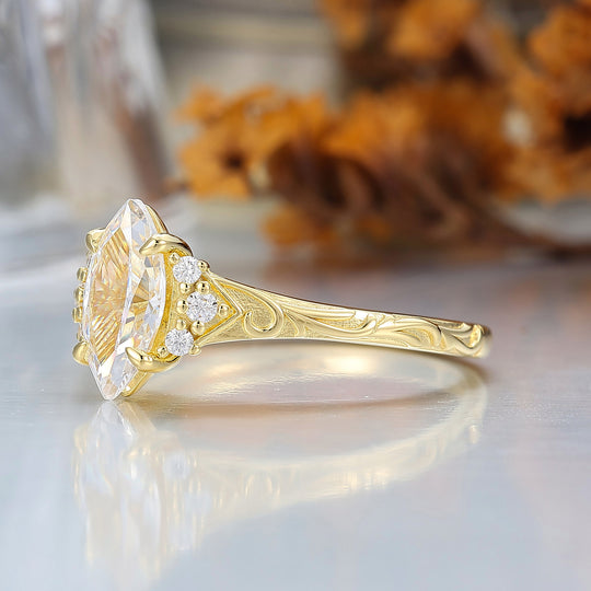 Nature-Inspired Vintage 14K Yellow Gold Moissanite Engagement Ring Filigree Wedding Ring