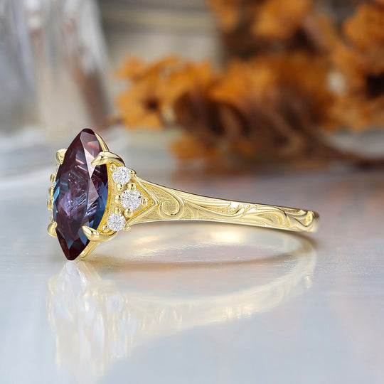 Nature-Inspired Vintage 14K Yellow Gold Alexandrite Engagement Ring Filigree Wedding Ring