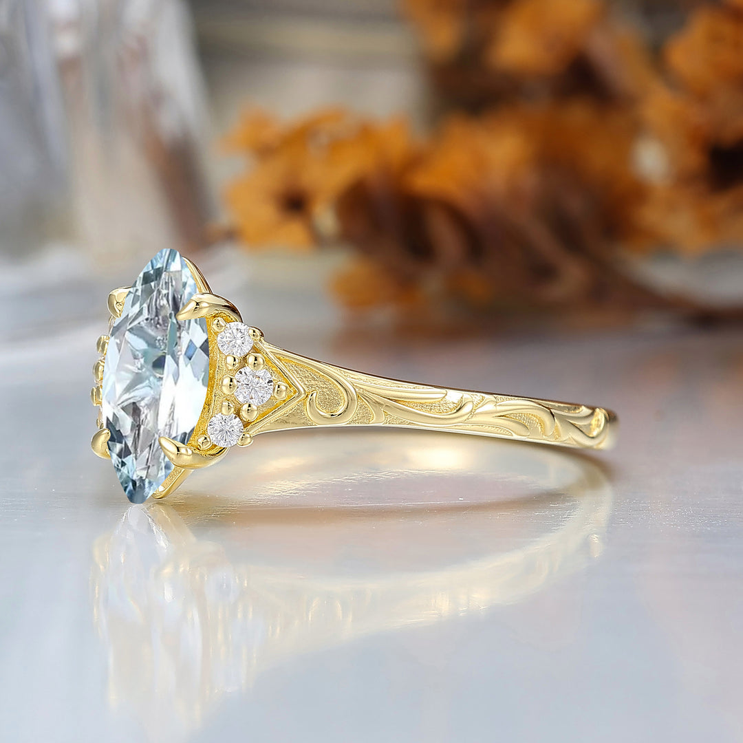 Nature-Inspired Vintage 14K Yellow Gold Aquamarine Engagement Ring Filigree Wedding Ring