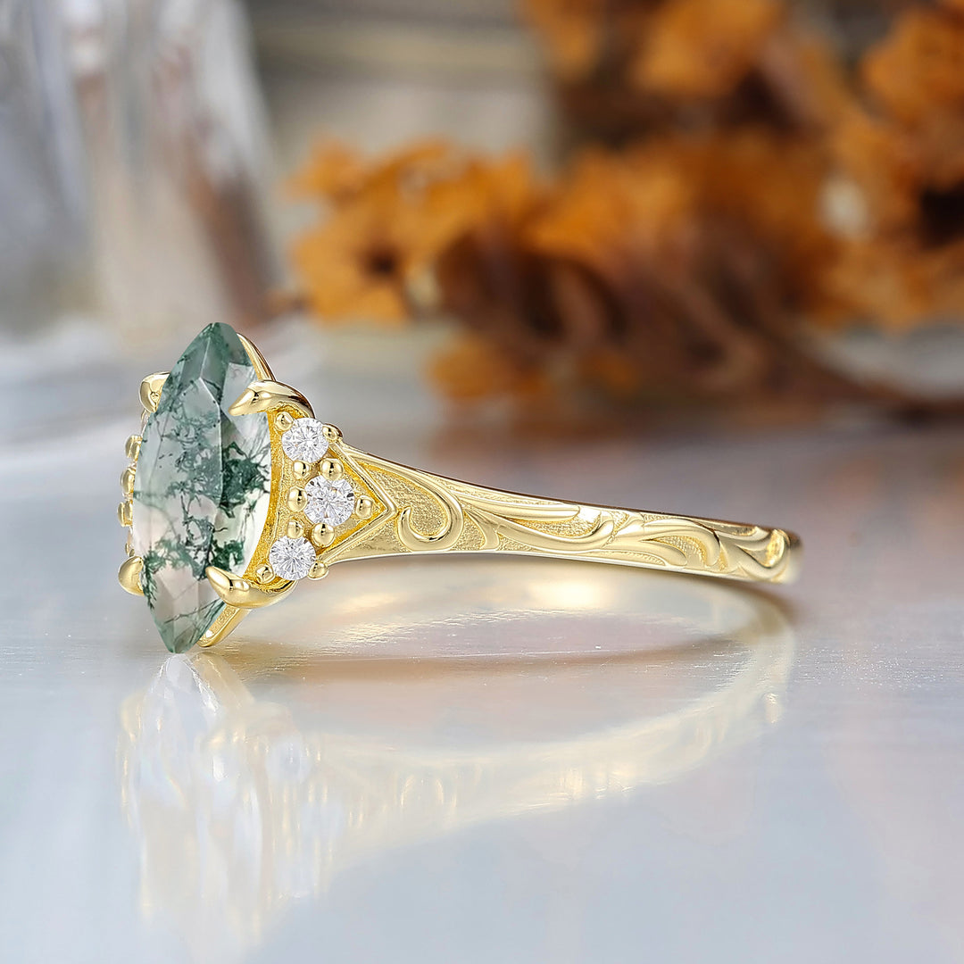 Nature-Inspired Vintage 14K Yellow Gold Natural Moss Agate Engagement Ring Filigree Wedding Ring