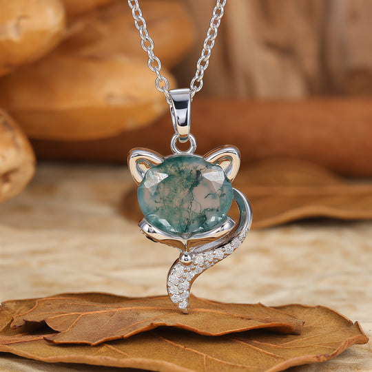 Unique Animal Oval Cut Natural Moss Agate Fox Solitaire Pendant Necklace 14K Gold Neckalce for Women