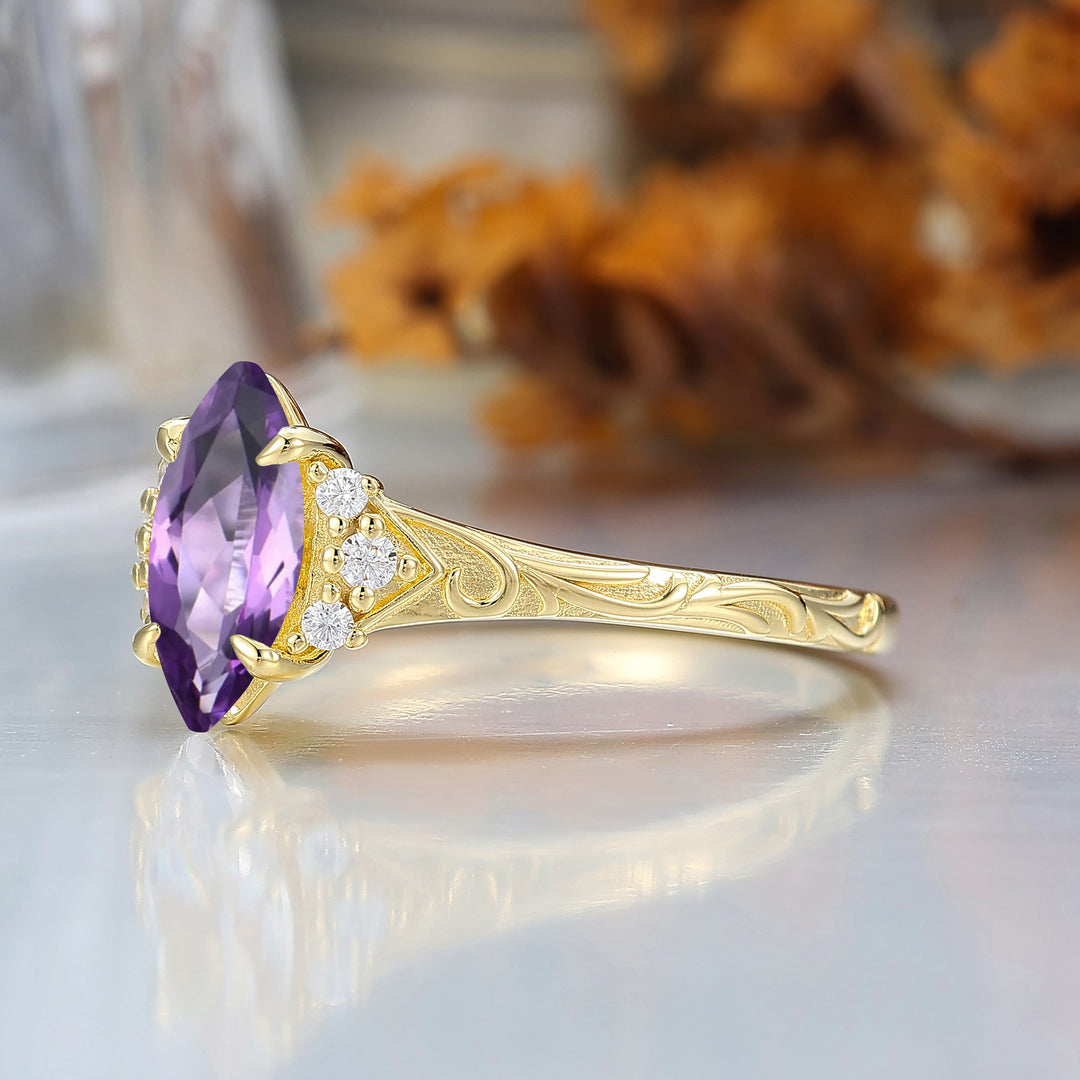 Nature-Inspired Vintage 14K Yellow Gold Natural Amethyst Engagement Ring Filigree Wedding Ring