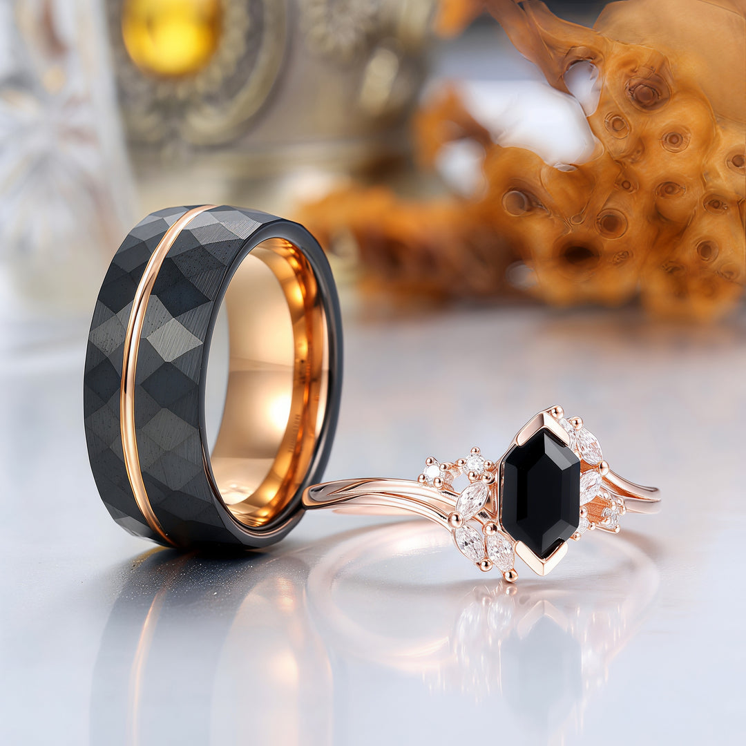Exquisite Natural Black Onyx Cluster Engagement Couple Rings Matching Stylish Hammered Tungsten His And Hers Wedding Rings -  Esdomera.com