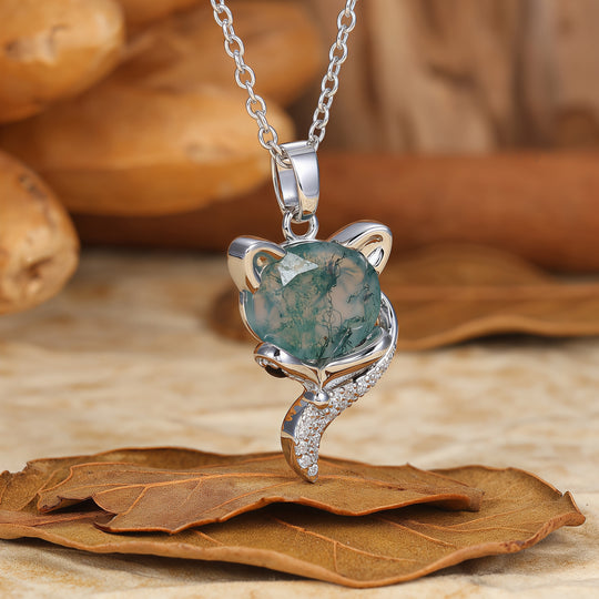 Unique Animal Oval Cut Natural Moss Agate Fox Solitaire Pendant Necklace 14K Gold Neckalce for Women