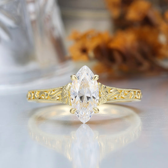 Vintage Filigree Solitaire Marquise Cut Moissanite Engagement Ring 14K Gold Anniversary Bridal Ring