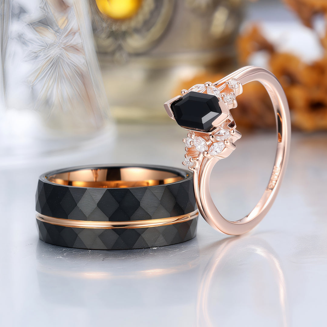 Exquisite Natural Black Onyx Cluster Engagement Couple Rings Matching Stylish Hammered Tungsten His And Hers Wedding Rings -  Esdomera.com