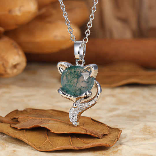 Unique Animal Oval Cut Natural Moss Agate Fox Solitaire Pendant Necklace 14K Gold Neckalce for Women