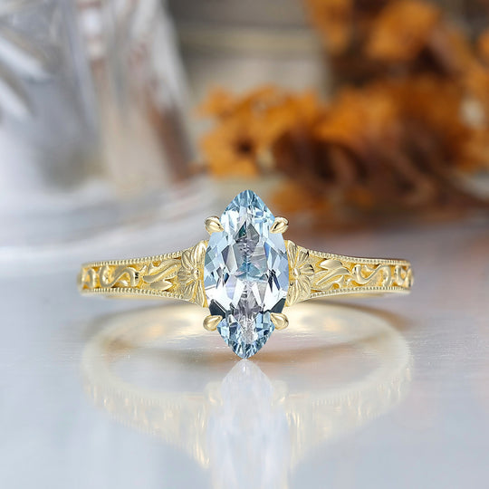 Vintage Filigree Solitaire Marquise Cut Aquamarine Engagement Ring 14K Gold Bridal Ring
